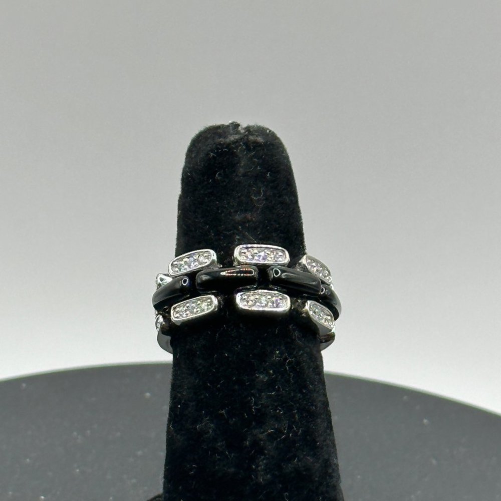Stylish Women's Black Onyx Silver Ring with CZ Accents, Size 7